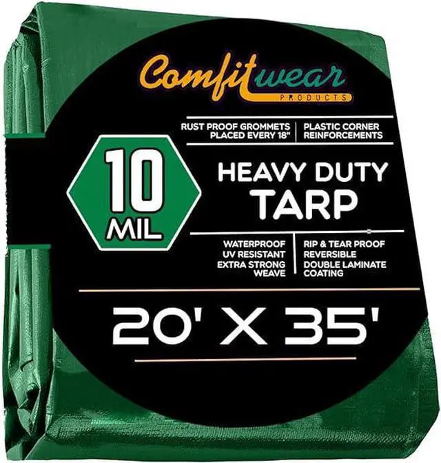 Main image of COMFITWEAR Green And Black 10 Mil  Super Heavy Duty Tarp Cover, Reinforced Grommet, Multi-Purpose Pool Cover, Boat Tarp Camping Tarp, UV Resistant,Waterproof Tarp Cover ( 20' X 35')