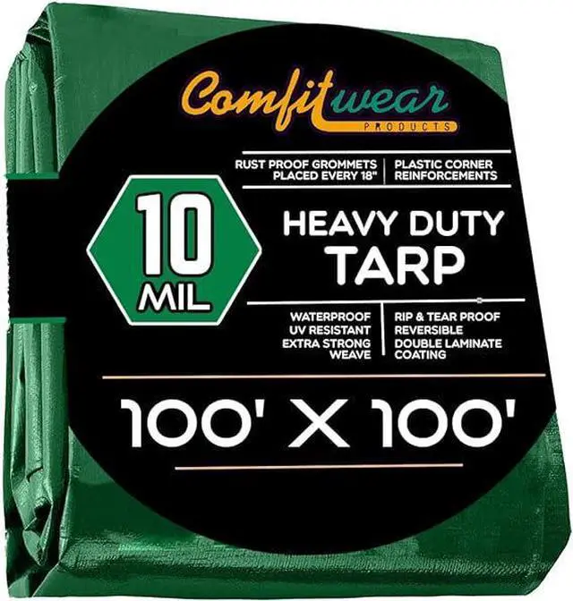 Main image of COMFITWEAR Green And Black 10 Mil  Super Heavy Duty Tarp Cover, Reinforced Grommet, Multi-Purpose Pool Cover, Boat Tarp Camping Tarp, UV Resistant,Waterproof Tarp Cover (100' X 100')
