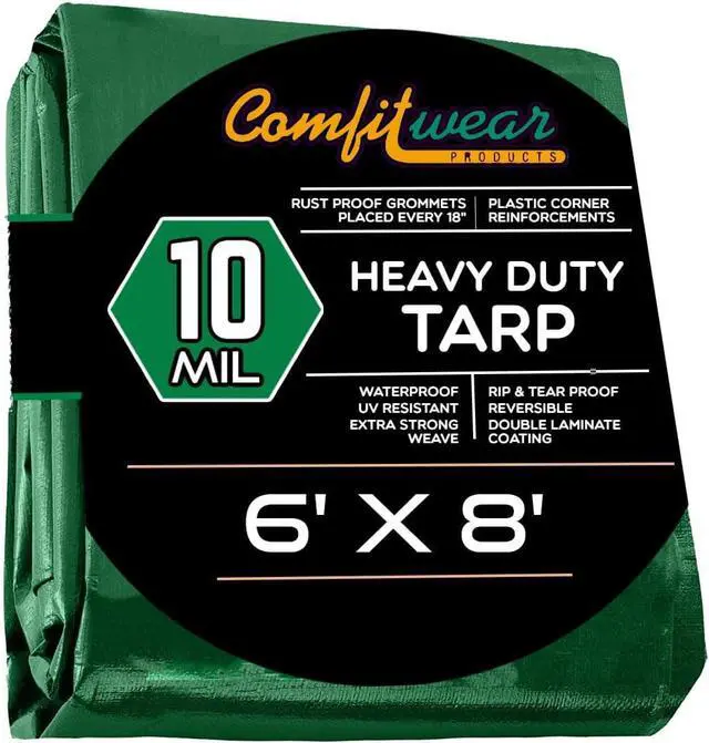 Main image of COMFITWEAR Green And Black 10 Mil  Super Heavy Duty Tarp Cover, Reinforced Grommet, Multi-Purpose Pool Cover, Boat Tarp Camping Tarp, UV Resistant,Waterproof Tarp Cover (6' X 8')