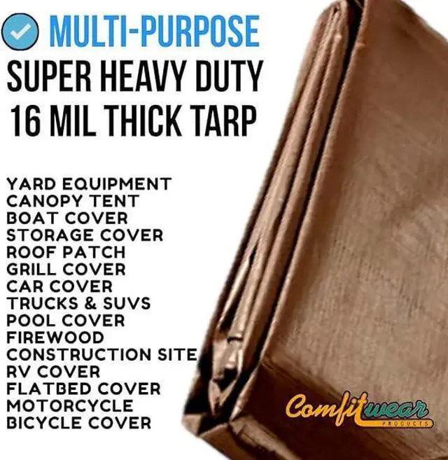 Alt view image 3 of 7 - COMFITWEAR 16 MIL Brown Multi-Purpose Extra Heavy Duty Tarps, Car Tarp Camping Tarp  Heavy Duty Tarp, Super Heavy Duty Tarp Cover General Purpose Waterproof Tarp Cover (12' X 30')