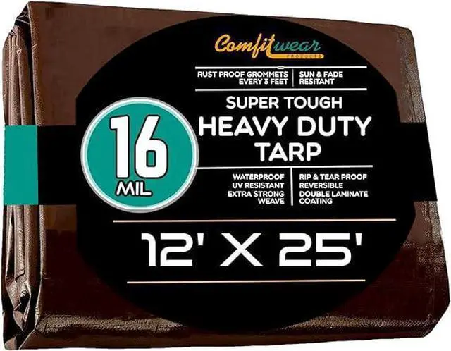 Main image of COMFITWEAR 16 MIL Brown Multi-Purpose Extra Heavy Duty Tarps, Car Tarp Camping Tarp  Heavy Duty Tarp, Super Heavy Duty Tarp Cover General Purpose Waterproof Tarp Cover ( 12' x 25')
