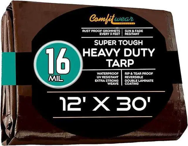 Main image of COMFITWEAR 16 MIL Brown Multi-Purpose Extra Heavy Duty Tarps, Car Tarp Camping Tarp  Heavy Duty Tarp, Super Heavy Duty Tarp Cover General Purpose Waterproof Tarp Cover (12' X 30')