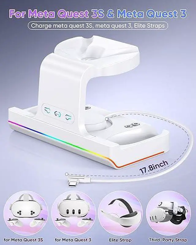 Alt view image 2 of 6 - ZVTE Charging Dock for Meta Quest 3 & Quest 3S, Fast Charging Station for Oculus Quest 3S/Quest 3 Accessories with RGB Light, Stand for VR Headset with 2 Rechargeable Batteries, Support Elite Strap
