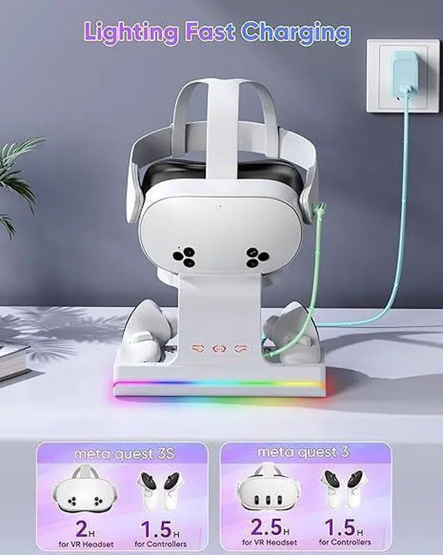 Alt view image 4 of 6 - ZVTE Charging Dock for Meta Quest 3 & Quest 3S, Fast Charging Station for Oculus Quest 3S/Quest 3 Accessories with RGB Light, Stand for VR Headset with 2 Rechargeable Batteries, Support Elite Strap