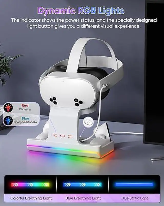 Alt view image 5 of 6 - ZVTE Charging Dock for Meta Quest 3 & Quest 3S, Fast Charging Station for Oculus Quest 3S/Quest 3 Accessories with RGB Light, Stand for VR Headset with 2 Rechargeable Batteries, Support Elite Strap
