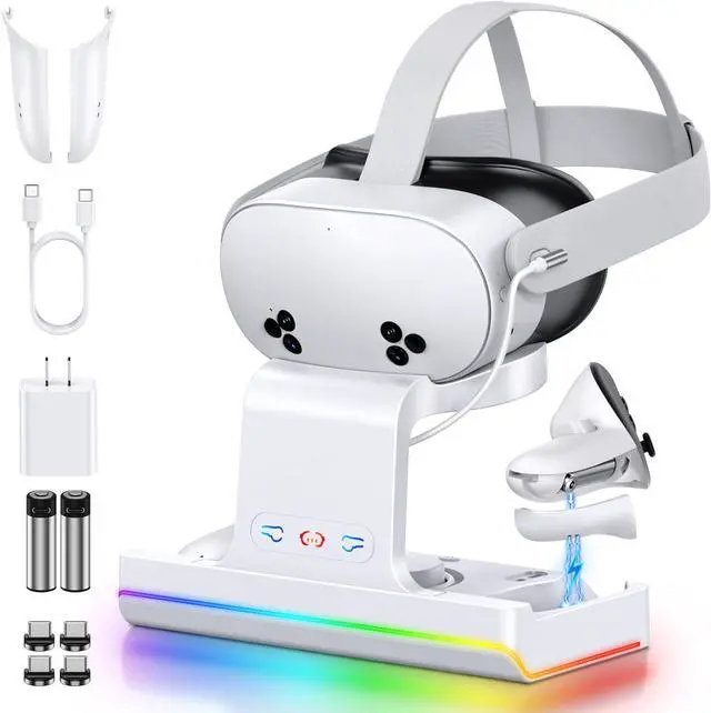 Main image of ZVTE Charging Dock for Meta Quest 3 & Quest 3S, Fast Charging Station for Oculus Quest 3S/Quest 3 Accessories with RGB Light, Stand for VR Headset with 2 Rechargeable Batteries, Support Elite Strap