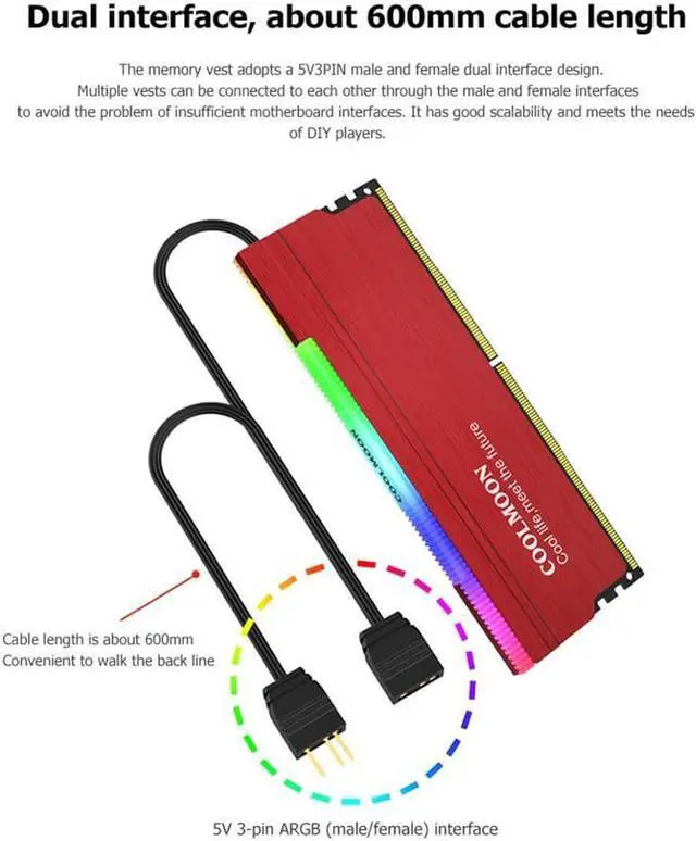 Alt view image 4 of 6 - CR-D134S 5V 3PIN ARGB RAM Coolmoon Heatsink Heat Spreader Cooler Desktop PC Memory Cooling Vest