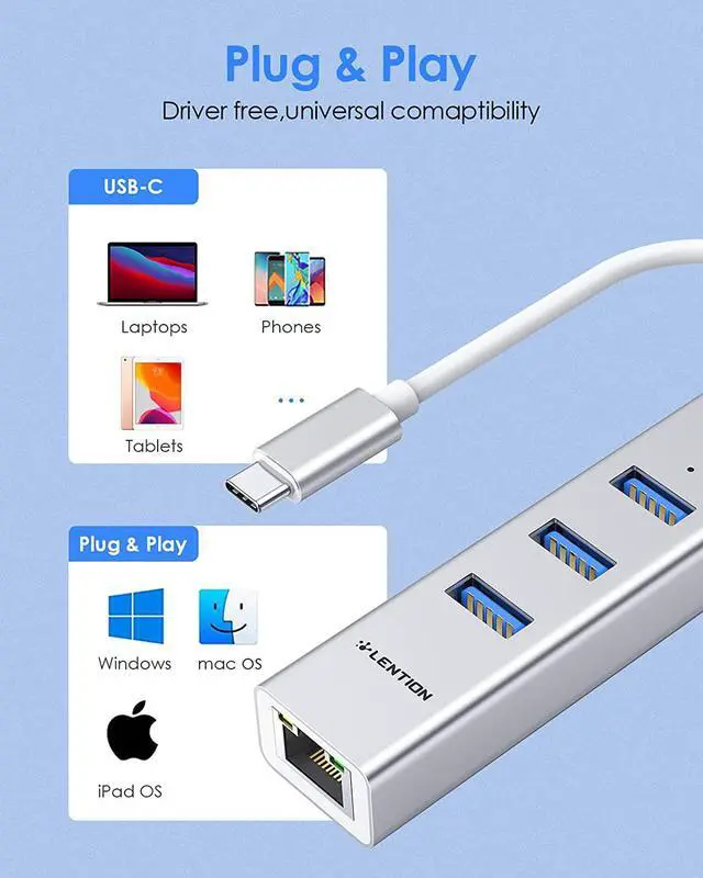 Alt view image 7 of 7 - LENTION USB C Hub Ethernet Adapter, 3 USB 3.0 Ports, RJ45 Network Connector for 2023-2016 MacBook Pro, New Mac Air/iPad Pro, Chromebook, More, Stable Driver Certified (CB-C23s, Silver)