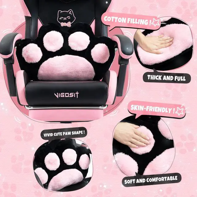 Alt view image 3 of 7 - Cute Gaming Chair with Cat Paw Lumbar Cushion and Cat Ears, Ergonomic Computer Chair with Footrest, Reclining PC Game Chair for Girl, Teen, Black Pink