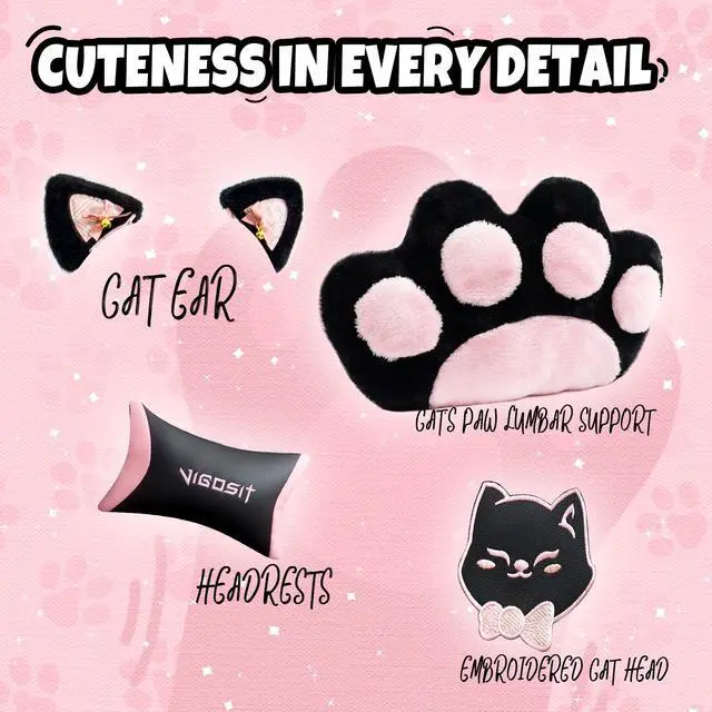 Alt view image 2 of 7 - Cute Gaming Chair with Cat Paw Lumbar Cushion and Cat Ears, Ergonomic Computer Chair with Footrest, Reclining PC Game Chair for Girl, Teen, Black Pink