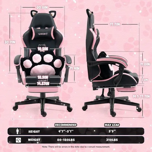 Alt view image 4 of 7 - Cute Gaming Chair with Cat Paw Lumbar Cushion and Cat Ears, Ergonomic Computer Chair with Footrest, Reclining PC Game Chair for Girl, Teen, Black Pink