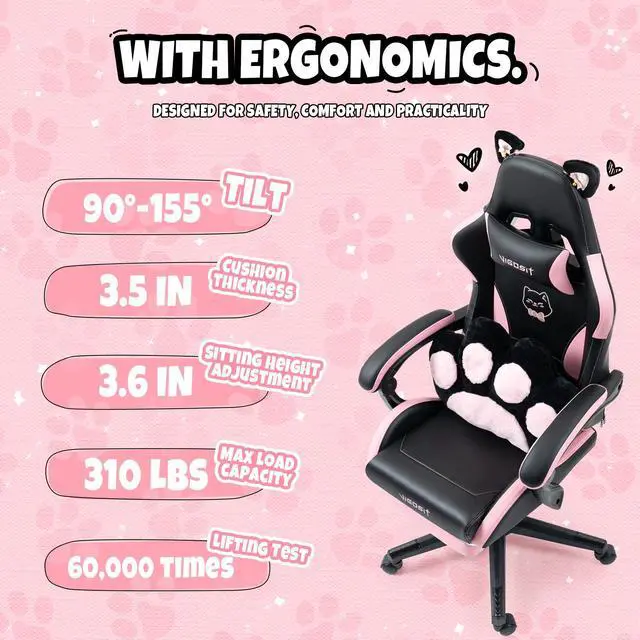 Alt view image 6 of 7 - Cute Gaming Chair with Cat Paw Lumbar Cushion and Cat Ears, Ergonomic Computer Chair with Footrest, Reclining PC Game Chair for Girl, Teen, Black Pink