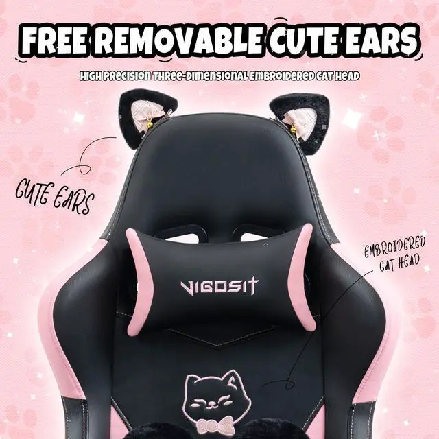Alt view image 7 of 7 - Cute Gaming Chair with Cat Paw Lumbar Cushion and Cat Ears, Ergonomic Computer Chair with Footrest, Reclining PC Game Chair for Girl, Teen, Black Pink