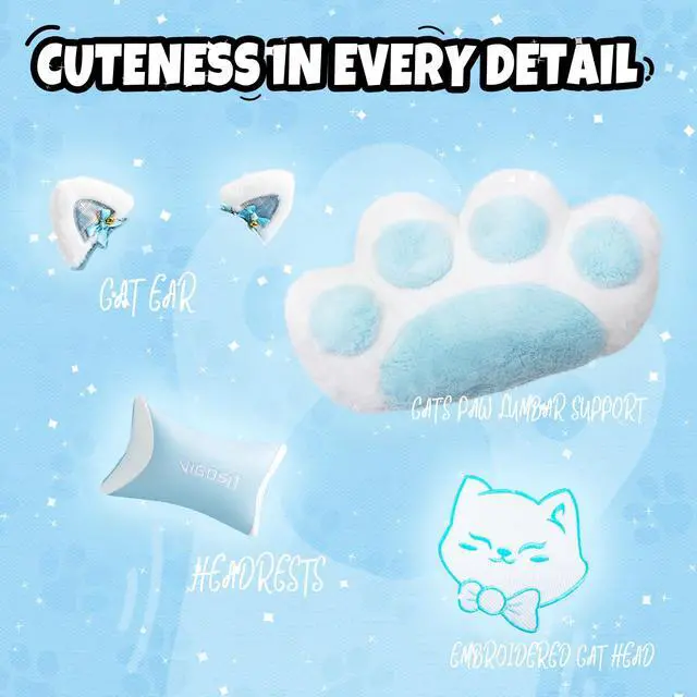Alt view image 2 of 7 - Cute Gaming Chair with Cat Paw Lumbar Cushion and Cat Ears, Ergonomic Computer Chair with Footrest, Reclining PC Game Chair for Girl, Teen, Blue