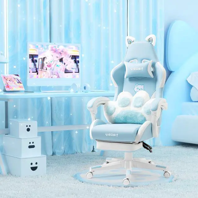 Alt view image 5 of 7 - Cute Gaming Chair with Cat Paw Lumbar Cushion and Cat Ears, Ergonomic Computer Chair with Footrest, Reclining PC Game Chair for Girl, Teen, Blue