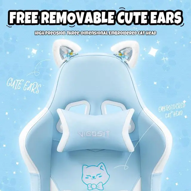 Alt view image 7 of 7 - Cute Gaming Chair with Cat Paw Lumbar Cushion and Cat Ears, Ergonomic Computer Chair with Footrest, Reclining PC Game Chair for Girl, Teen, Blue