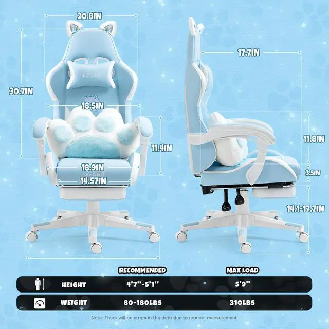 Alt view image 4 of 7 - Cute Gaming Chair with Cat Paw Lumbar Cushion and Cat Ears, Ergonomic Computer Chair with Footrest, Reclining PC Game Chair for Girl, Teen, Blue
