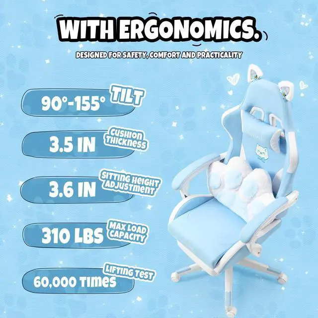 Alt view image 6 of 7 - Cute Gaming Chair with Cat Paw Lumbar Cushion and Cat Ears, Ergonomic Computer Chair with Footrest, Reclining PC Game Chair for Girl, Teen, Blue