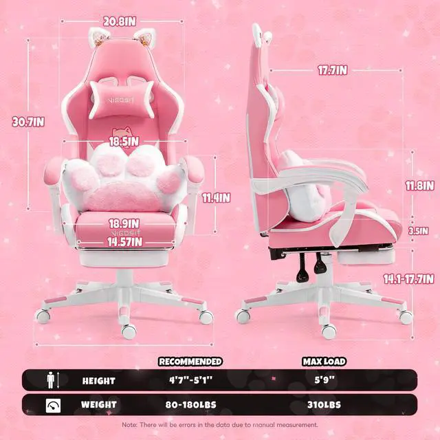 Alt view image 4 of 7 - Cat Ears Pink PU Leather Gaming Chair Ergonomic Adjustable Office Desk Computer Chairs for Gamers Adults Kids 360 Degree Swivel Recliner 45in Height - Pink