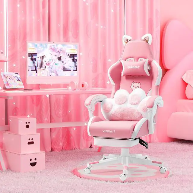 Alt view image 5 of 7 - Cat Ears Pink PU Leather Gaming Chair Ergonomic Adjustable Office Desk Computer Chairs for Gamers Adults Kids 360 Degree Swivel Recliner 45in Height - Pink