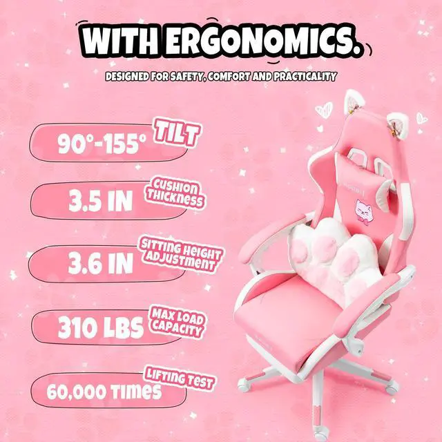 Alt view image 6 of 7 - Cat Ears Pink PU Leather Gaming Chair Ergonomic Adjustable Office Desk Computer Chairs for Gamers Adults Kids 360 Degree Swivel Recliner 45in Height - Pink