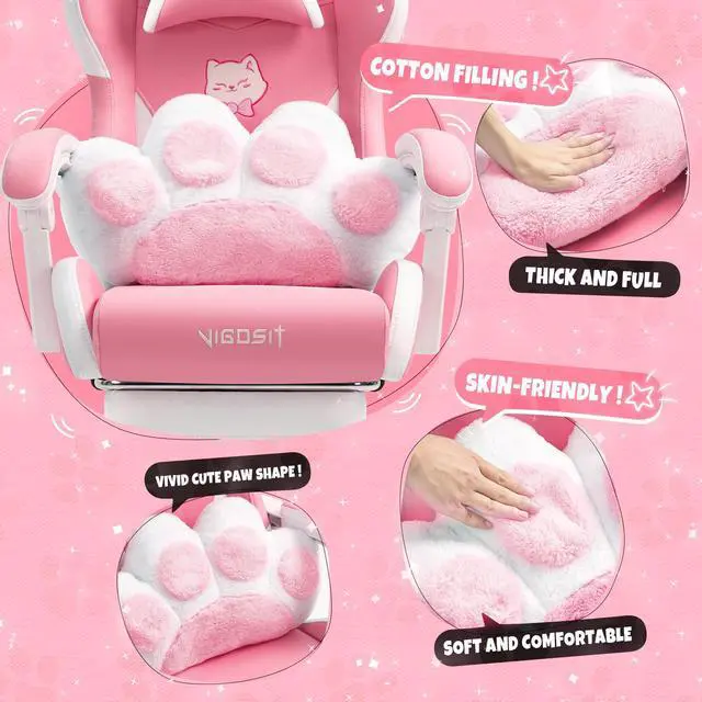 Alt view image 3 of 7 - Cat Ears Pink PU Leather Gaming Chair Ergonomic Adjustable Office Desk Computer Chairs for Gamers Adults Kids 360 Degree Swivel Recliner 45in Height - Pink