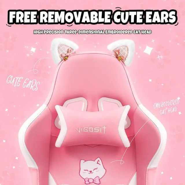 Alt view image 7 of 7 - Cat Ears Pink PU Leather Gaming Chair Ergonomic Adjustable Office Desk Computer Chairs for Gamers Adults Kids 360 Degree Swivel Recliner 45in Height - Pink