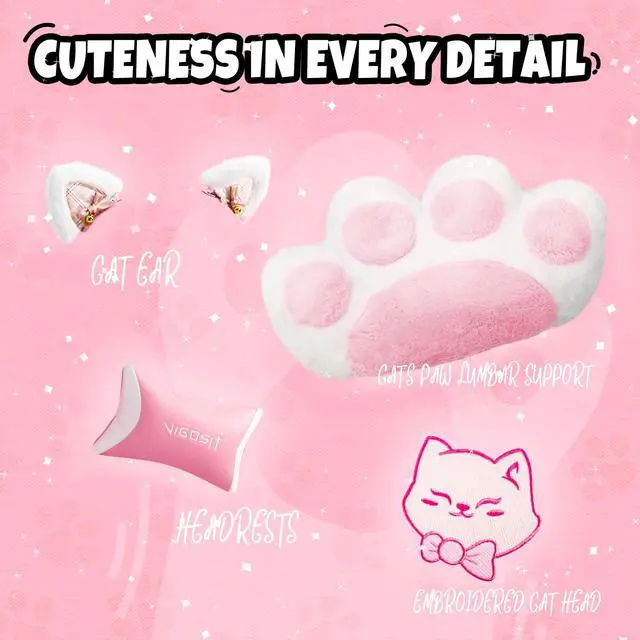 Alt view image 2 of 7 - Cat Ears Pink PU Leather Gaming Chair Ergonomic Adjustable Office Desk Computer Chairs for Gamers Adults Kids 360 Degree Swivel Recliner 45in Height - Pink