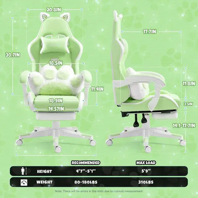 Alt view image 4 of 7 - Cute Gaming Chair with Cat Paw Lumbar Cushion and Cat Ears, Ergonomic Computer Chair with Footrest, Reclining PC Game Chair for Girl, Teen, Green