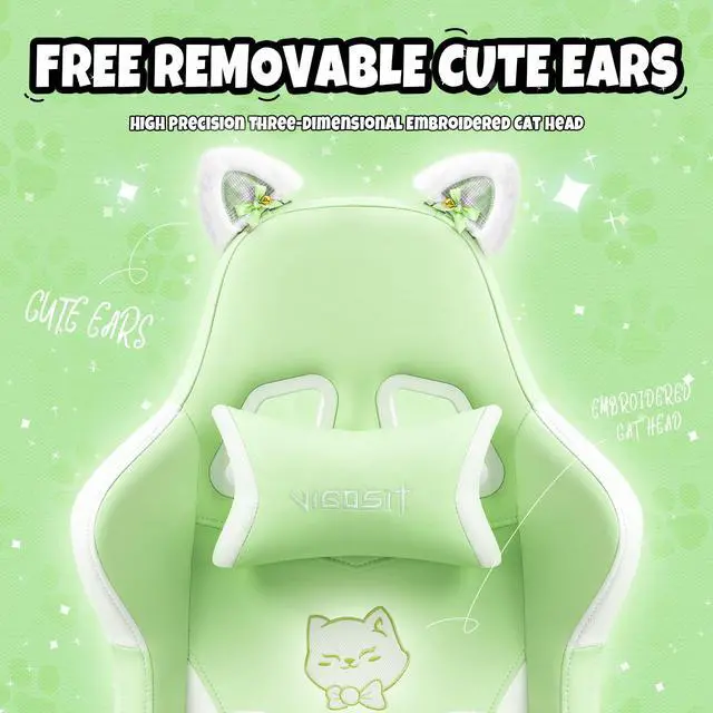 Alt view image 7 of 7 - Cute Gaming Chair with Cat Paw Lumbar Cushion and Cat Ears, Ergonomic Computer Chair with Footrest, Reclining PC Game Chair for Girl, Teen, Green