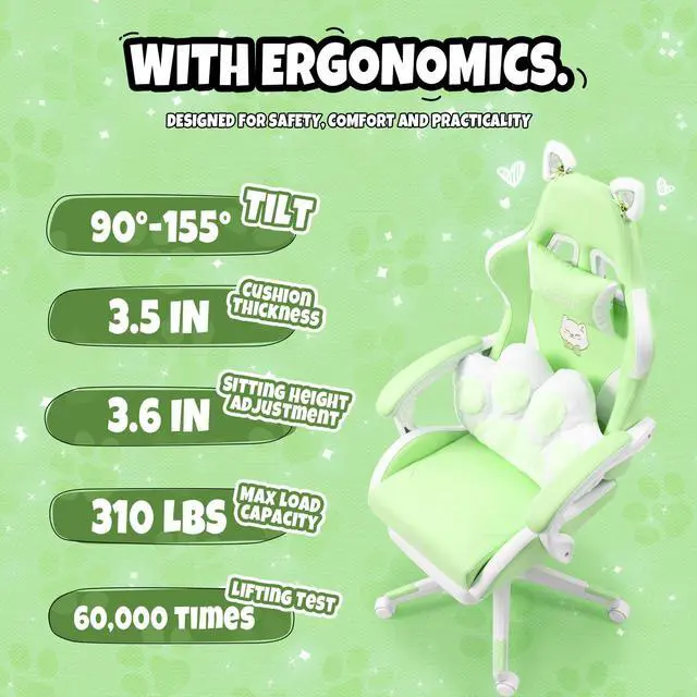 Alt view image 6 of 7 - Cute Gaming Chair with Cat Paw Lumbar Cushion and Cat Ears, Ergonomic Computer Chair with Footrest, Reclining PC Game Chair for Girl, Teen, Green