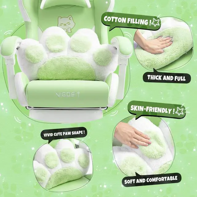 Alt view image 3 of 7 - Cute Gaming Chair with Cat Paw Lumbar Cushion and Cat Ears, Ergonomic Computer Chair with Footrest, Reclining PC Game Chair for Girl, Teen, Green