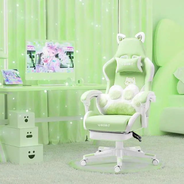 Alt view image 5 of 7 - Cute Gaming Chair with Cat Paw Lumbar Cushion and Cat Ears, Ergonomic Computer Chair with Footrest, Reclining PC Game Chair for Girl, Teen, Green