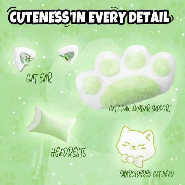 Alt view image 2 of 7 - Cute Gaming Chair with Cat Paw Lumbar Cushion and Cat Ears, Ergonomic Computer Chair with Footrest, Reclining PC Game Chair for Girl, Teen, Green