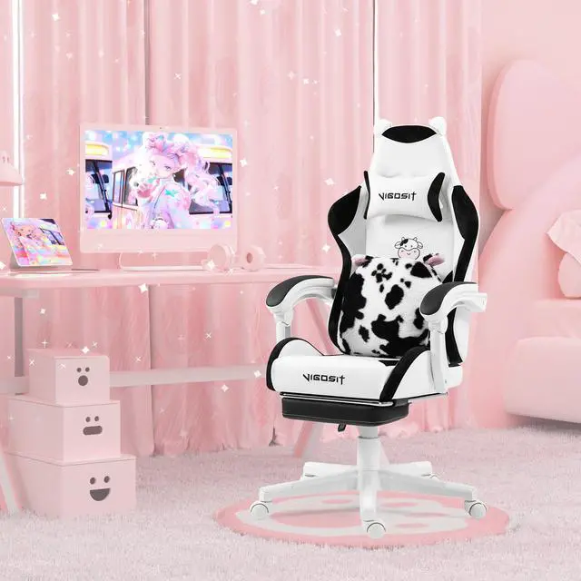 Alt view image 5 of 7 - Cute Gaming Chair with Lumbar Cushion and Decorated Ears, Ergonomic Computer Chair with Footrest, Reclining PC Game Chair for Girl, Teen, Black White