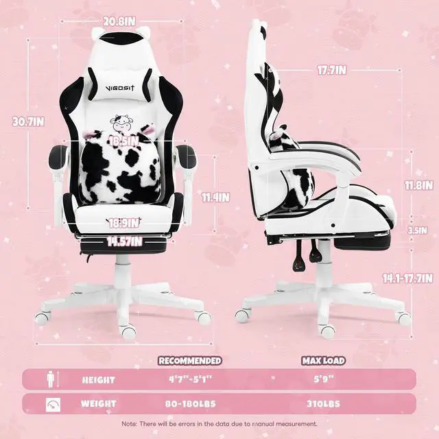 Alt view image 4 of 7 - Cute Gaming Chair with Lumbar Cushion and Decorated Ears, Ergonomic Computer Chair with Footrest, Reclining PC Game Chair for Girl, Teen, Black White