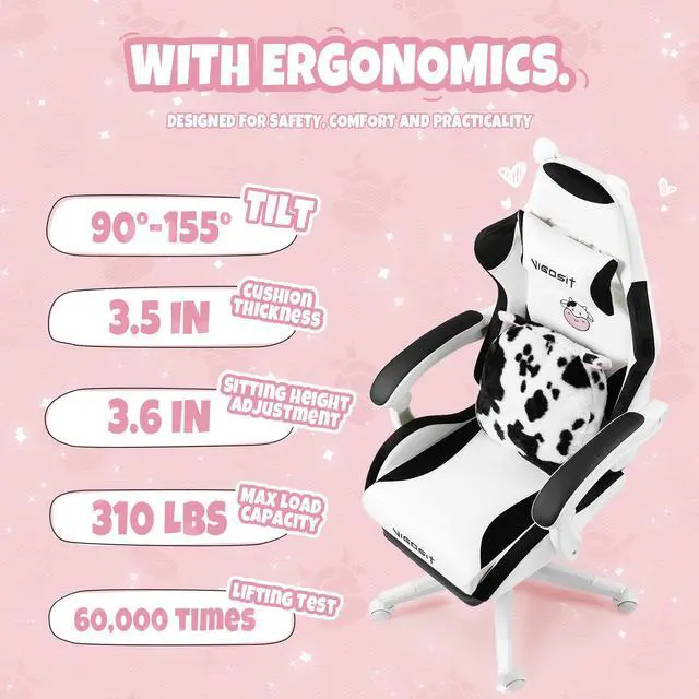 Alt view image 6 of 7 - Cute Gaming Chair with Lumbar Cushion and Decorated Ears, Ergonomic Computer Chair with Footrest, Reclining PC Game Chair for Girl, Teen, Black White