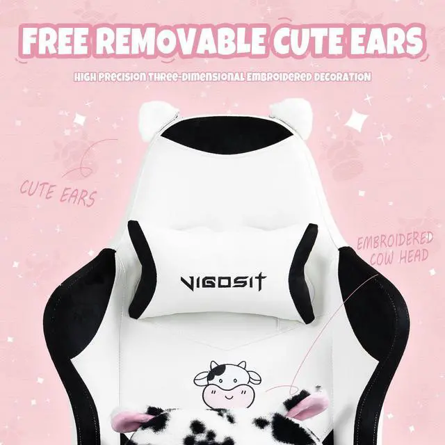 Alt view image 7 of 7 - Cute Gaming Chair with Lumbar Cushion and Decorated Ears, Ergonomic Computer Chair with Footrest, Reclining PC Game Chair for Girl, Teen, Black White