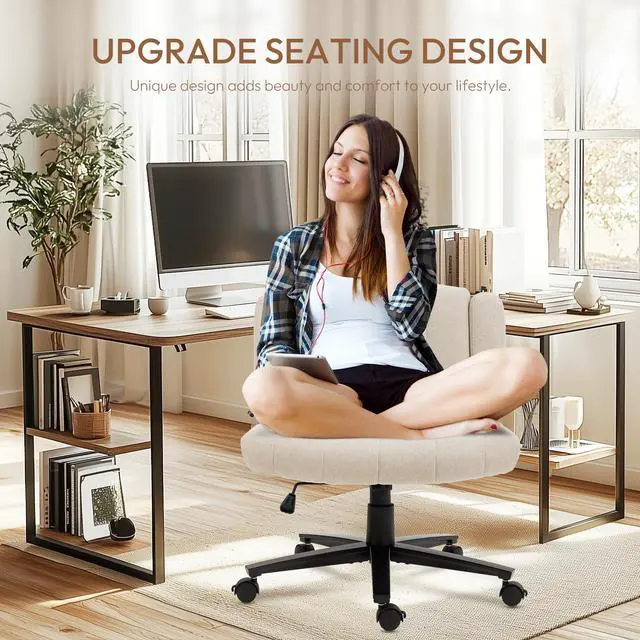 Alt view image 3 of 7 - Criss Cross Chair with Wheels, High Back Adjustable Wide Armrest Office Chair, Anti-Grip Fabric Comfort Cushion Modern Style Swivel Computer Task Chairs for Home Vanity Desk Office (Beige)