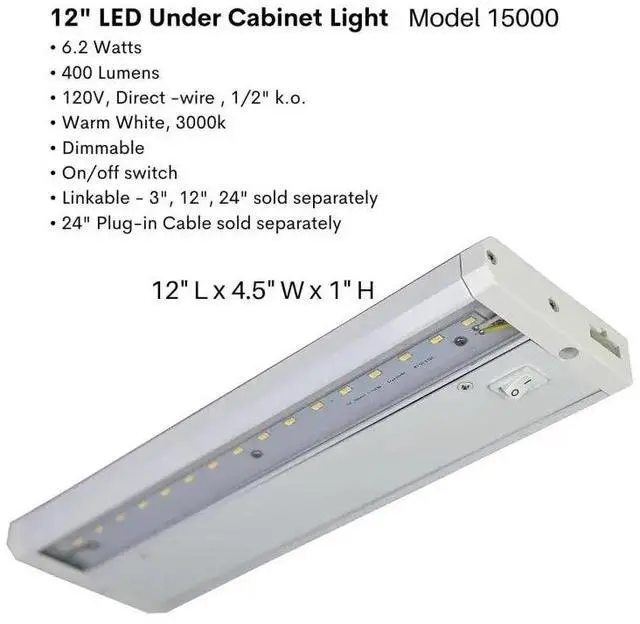 Alt view image 3 of 7 - FLI 12 inch LED Under Cabinet Surface Mount Task Light, Direct Wire, Switch, Dimmable, Linkable, 400 Lumens, 3000K Warm White, 120V, 6.2 Watts, CUL listed, Energy Star Rated