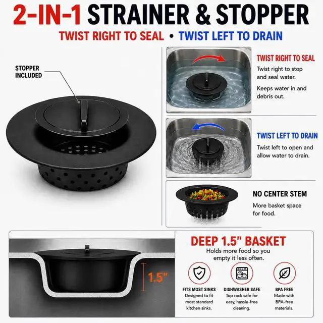 Alt view image 2 of 7 - Flex Strainer 2-in-1 Sink Strainer & Stopper
