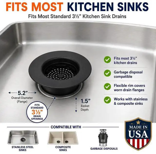 Alt view image 2 of 7 - Flex Strainer Kitchen Sink Drain Basket Strainer for 3.5 Inch Drains - BPA-Free, Dishwasher Safe, Made in USA