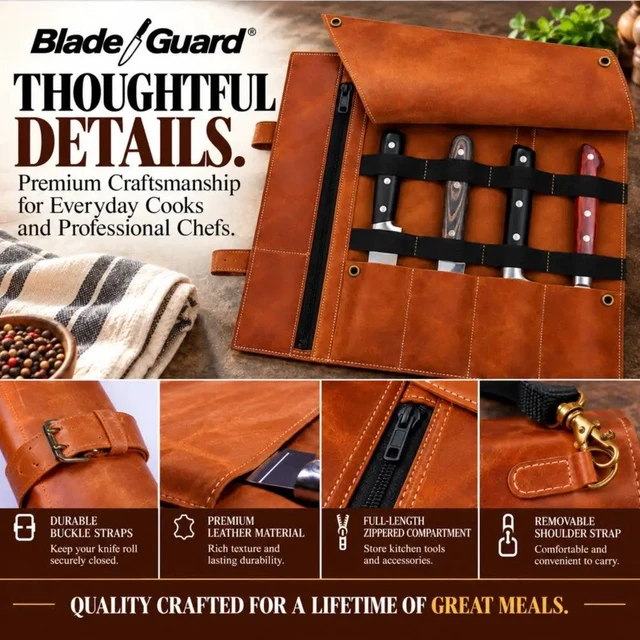 Alt view image 3 of 7 - Blade Guard? Premium Leather Chef Knife Roll Bag - 5 pocket