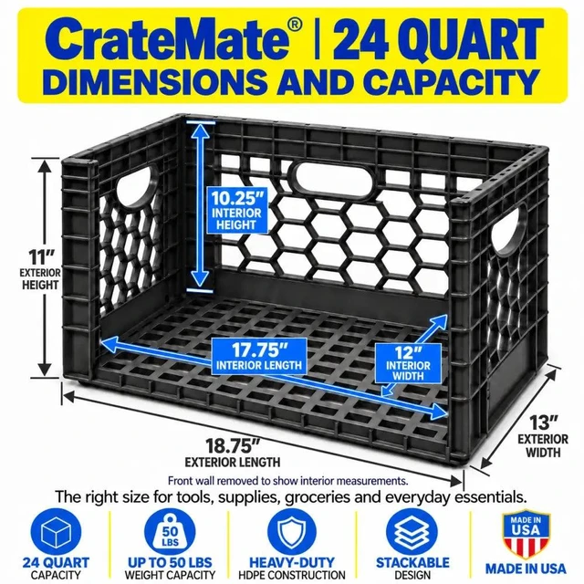 Alt view image 3 of 7 - CrateMate? 24QT Heavy-Duty Milk Crate | Stackable Storage Bin