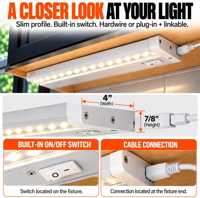 Alt view image 3 of 7 - LED Under Cabinet Task Light, Direct Wire or Plug-in + connector, Switch ,Dimmable, Linkable, 400 Lumens, 3000K Warm White, 6.2 Watts, CUL and E-Star listed, 12"
