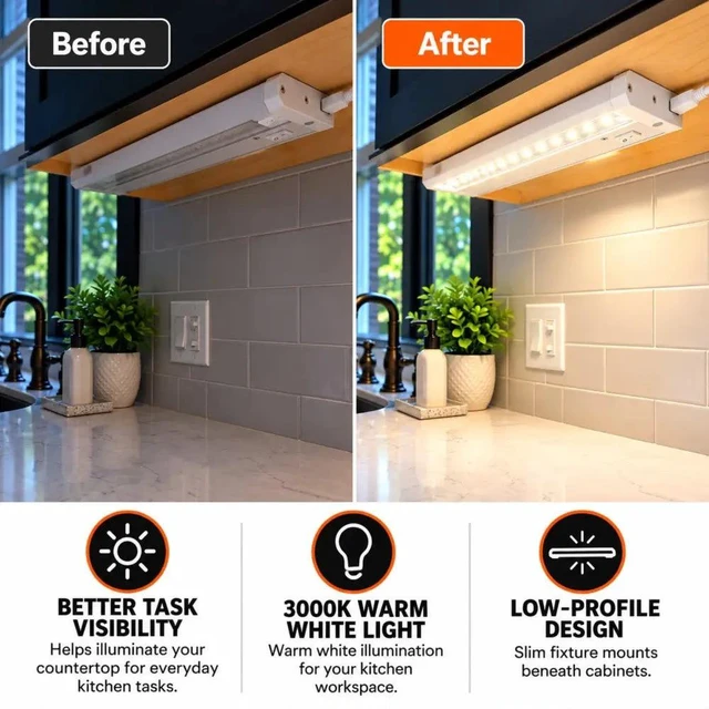 Alt view image 5 of 7 - LED Under Cabinet Task Light, Direct Wire or Plug-in + connector, Switch ,Dimmable, Linkable, 400 Lumens, 3000K Warm White, 6.2 Watts, CUL and E-Star listed, 12"