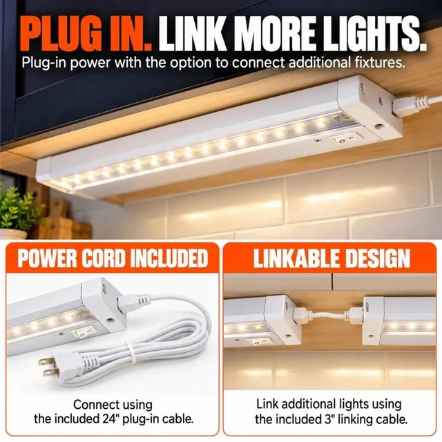 Alt view image 6 of 7 - LED Under Cabinet Task Light, Direct Wire or Plug-in + connector, Switch ,Dimmable, Linkable, 400 Lumens, 3000K Warm White, 6.2 Watts, CUL and E-Star listed, 12"