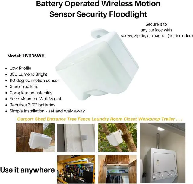Alt view image 5 of 5 - IQ America LB1135WH battery powered indoor outdoor weatherproof led motion security motion sensor floodlight, 350 lumens, pivots and rotates, mount anywhere-take anywhere security light 4in white
