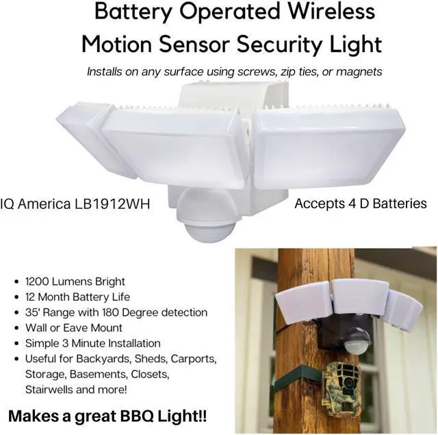 Alt view image 2 of 4 - iq america lb1912wh battery powered indoor outdoor weatherproof led motion security motion sensor floodlight, eave or wall mount, 1250 lumens, pivots-rotates, mount anywhere security light, 3 light wh