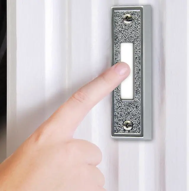 Alt view image 2 of 3 - IQ America DP1109S Wired Polished Plated Silver Surface Mounted Traditional Doorbell Pushbutton White Push Button for use with most Wired Door Bells Chimes  3.5" x 1" x .75"